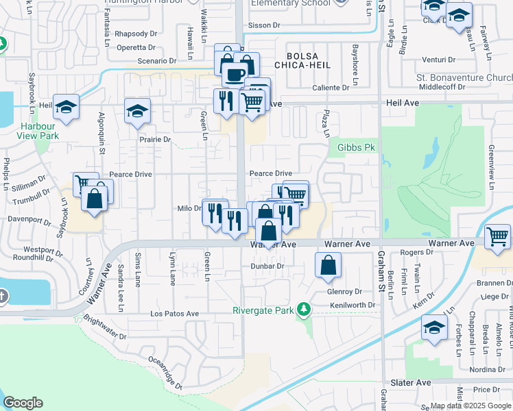 map of restaurants, bars, coffee shops, grocery stores, and more near 16872 Bolsa Chica Street in Huntington Beach