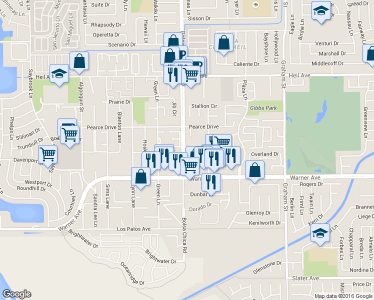 map of restaurants, bars, coffee shops, grocery stores, and more near 16872 Bolsa Chica Street in Huntington Beach