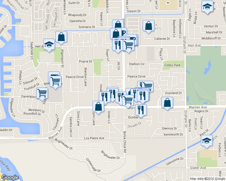 map of restaurants, bars, coffee shops, grocery stores, and more near 4931 Charlene Circle in Huntington Beach