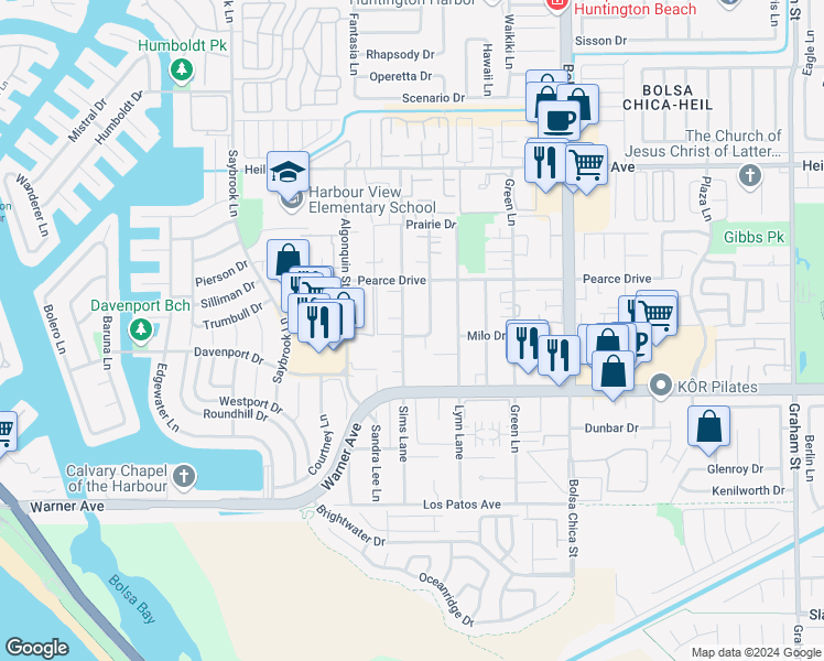 map of restaurants, bars, coffee shops, grocery stores, and more near 4682 Milo Drive in Huntington Beach