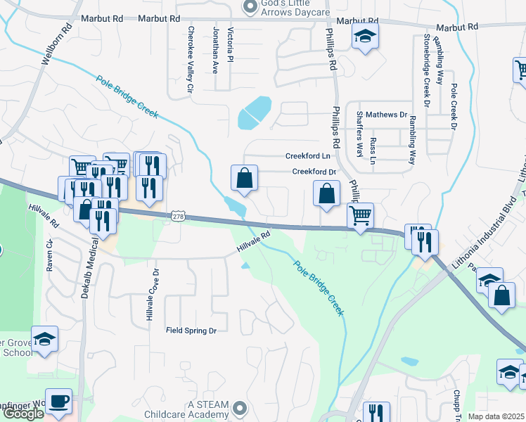 map of restaurants, bars, coffee shops, grocery stores, and more near 2384 Wellington Circle in Lithonia