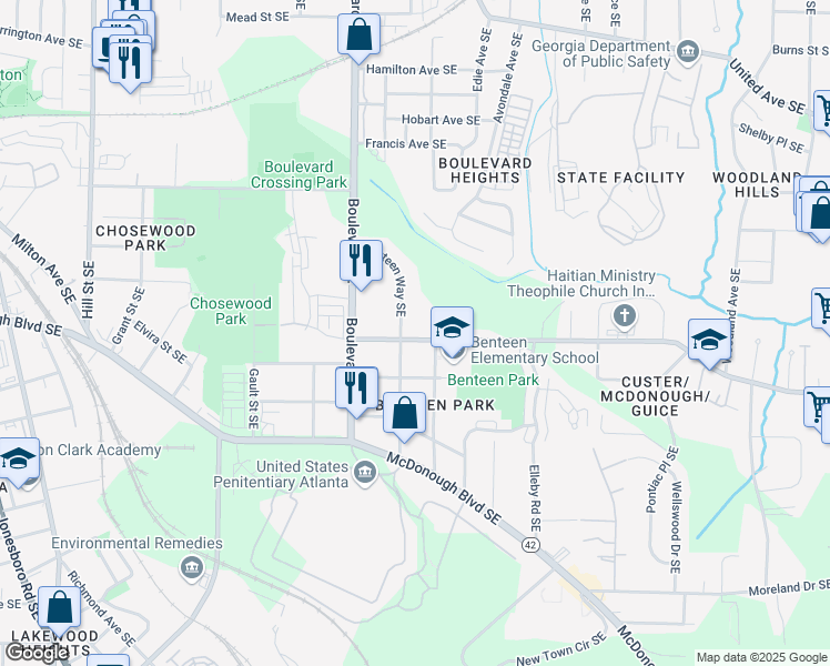 map of restaurants, bars, coffee shops, grocery stores, and more near 668 Custer Avenue Southeast in Atlanta