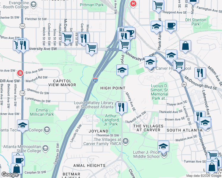 map of restaurants, bars, coffee shops, grocery stores, and more near 203 Bowen Circle Southwest in Atlanta