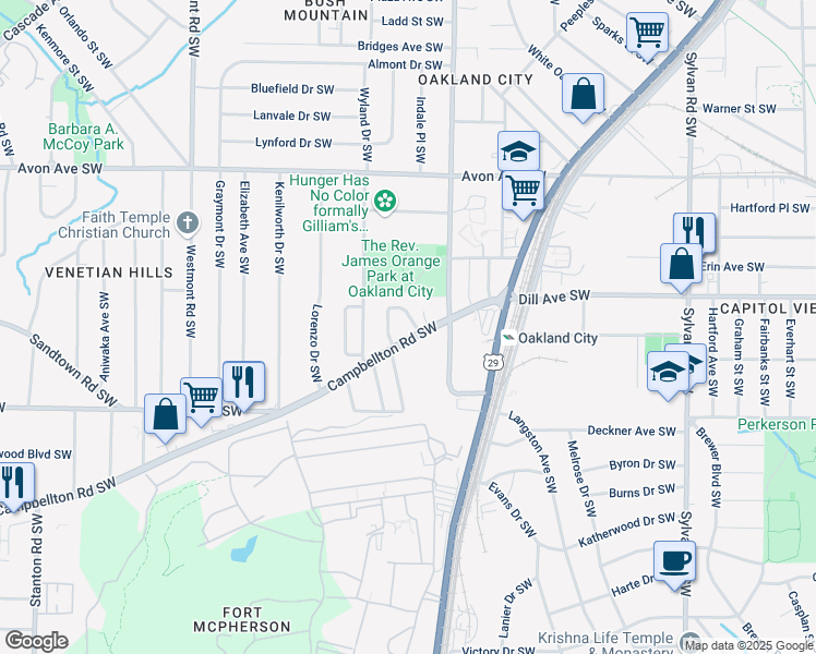 map of restaurants, bars, coffee shops, grocery stores, and more near 1222 Byewood Lane Southwest in Atlanta