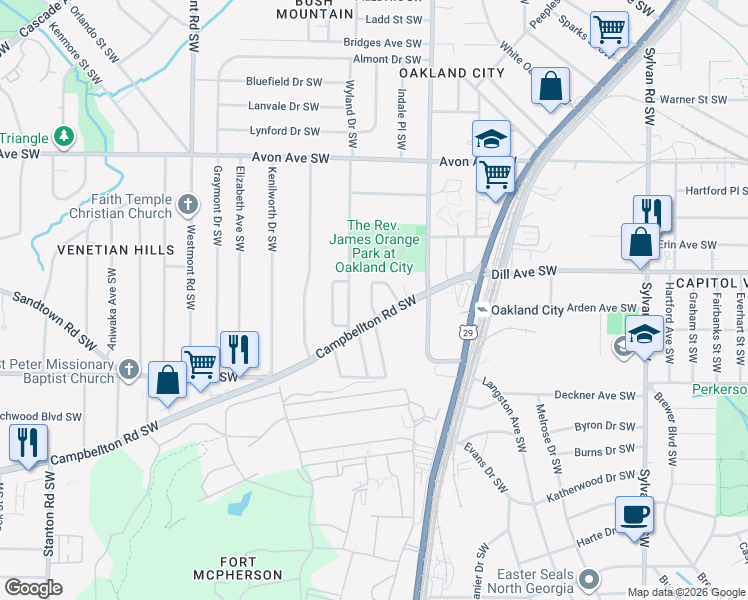 map of restaurants, bars, coffee shops, grocery stores, and more near 1396 Epworth Street Southwest in Atlanta