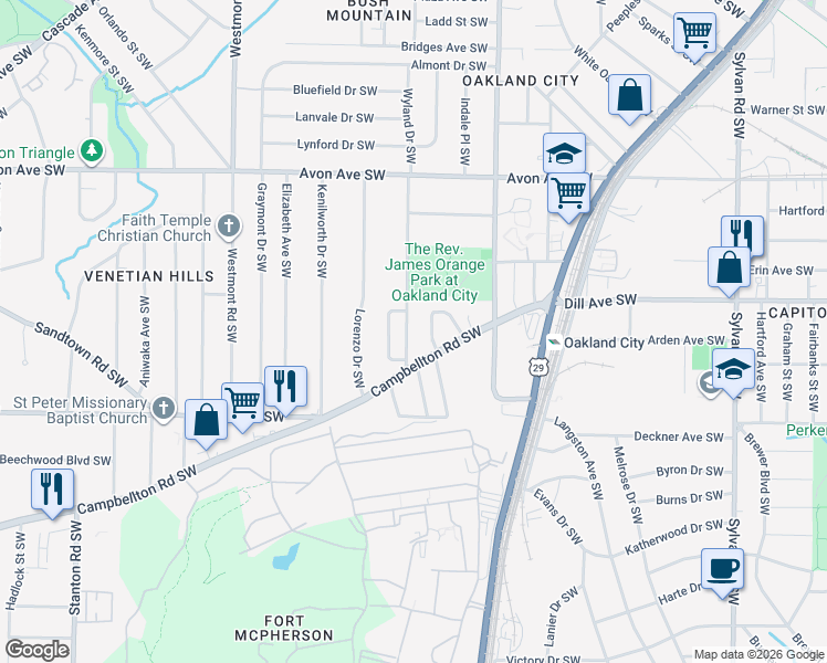 map of restaurants, bars, coffee shops, grocery stores, and more near 1396 Epworth Street Southwest in Atlanta