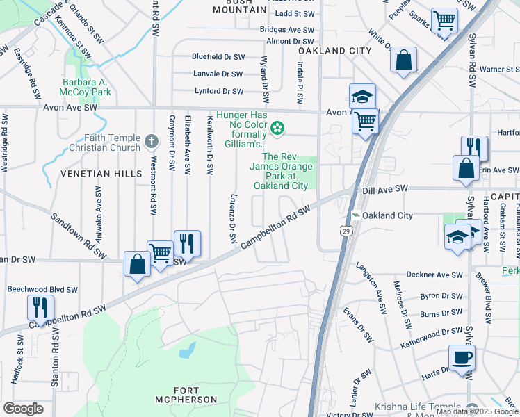 map of restaurants, bars, coffee shops, grocery stores, and more near 1396 Epworth Street Southwest in Atlanta