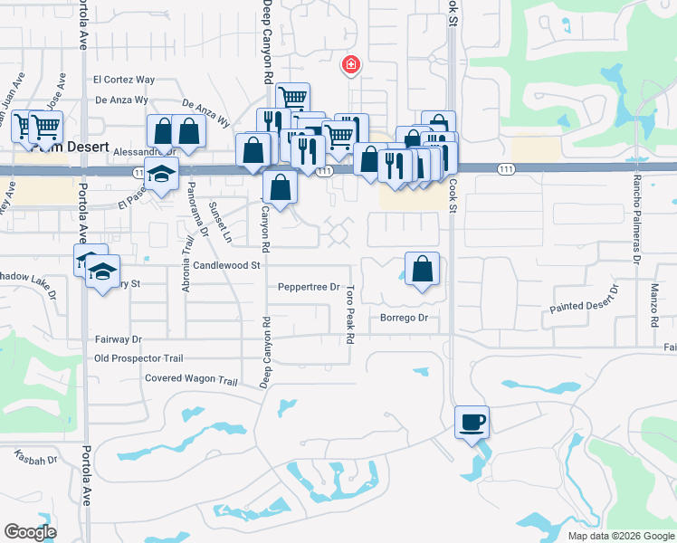 map of restaurants, bars, coffee shops, grocery stores, and more near 74701 Candlewood Street in Palm Desert