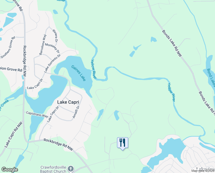 map of restaurants, bars, coffee shops, grocery stores, and more near 2733 Westminister Lane Northwest in Conyers