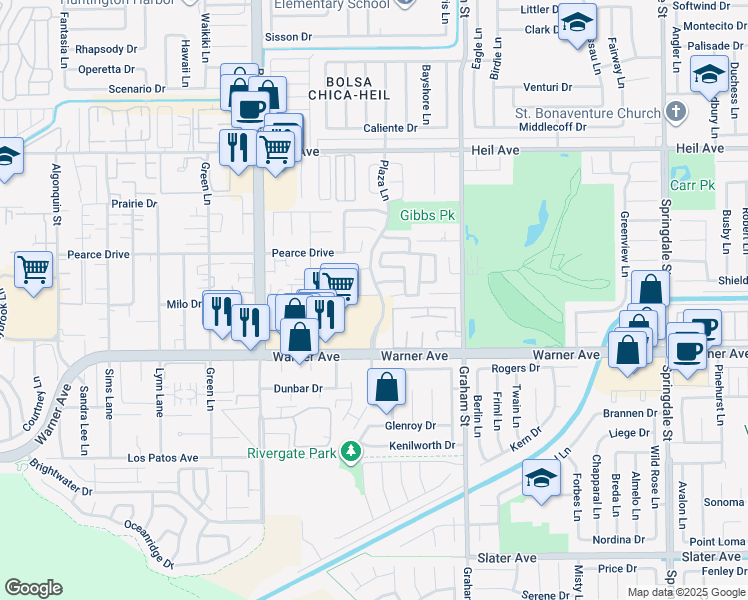 map of restaurants, bars, coffee shops, grocery stores, and more near 5292 Acorn Drive in Huntington Beach