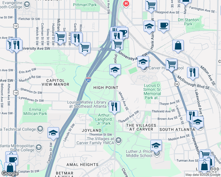 map of restaurants, bars, coffee shops, grocery stores, and more near in Atlanta