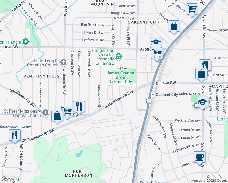 map of restaurants, bars, coffee shops, grocery stores, and more near 1396 Epworth Street Southwest in Atlanta