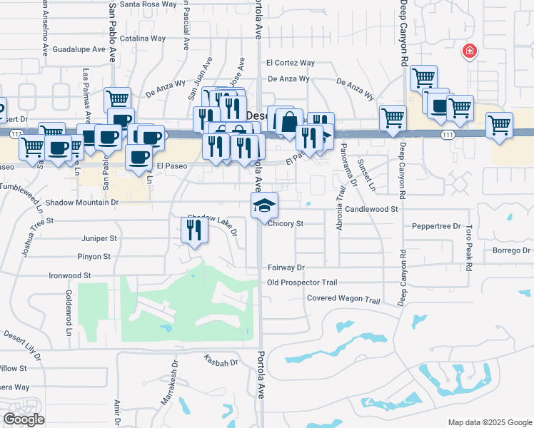map of restaurants, bars, coffee shops, grocery stores, and more near 45630 Portola Ave in Palm Desert