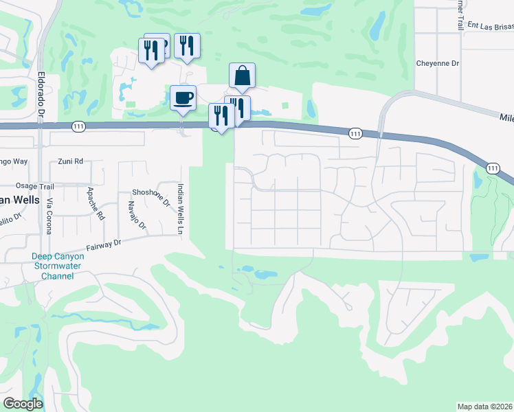 map of restaurants, bars, coffee shops, grocery stores, and more near 76755 Robin Drive in Indian Wells