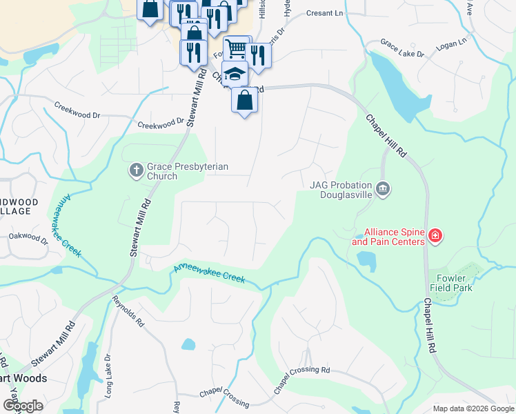 map of restaurants, bars, coffee shops, grocery stores, and more near 9831 Forest Hill Drive in Douglasville