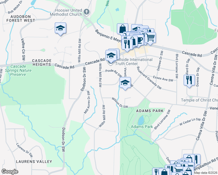 map of restaurants, bars, coffee shops, grocery stores, and more near 2464 Ovidia Circle Southwest in Atlanta