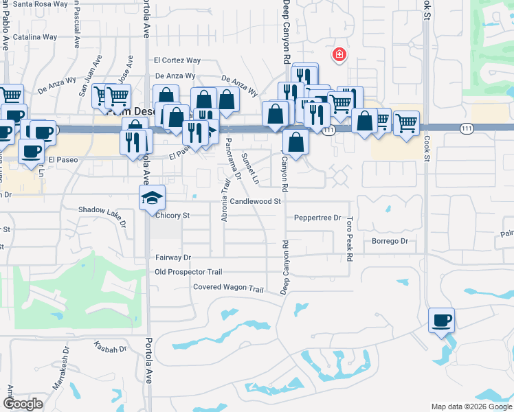 map of restaurants, bars, coffee shops, grocery stores, and more near 45676 Panorama Drive in Palm Desert