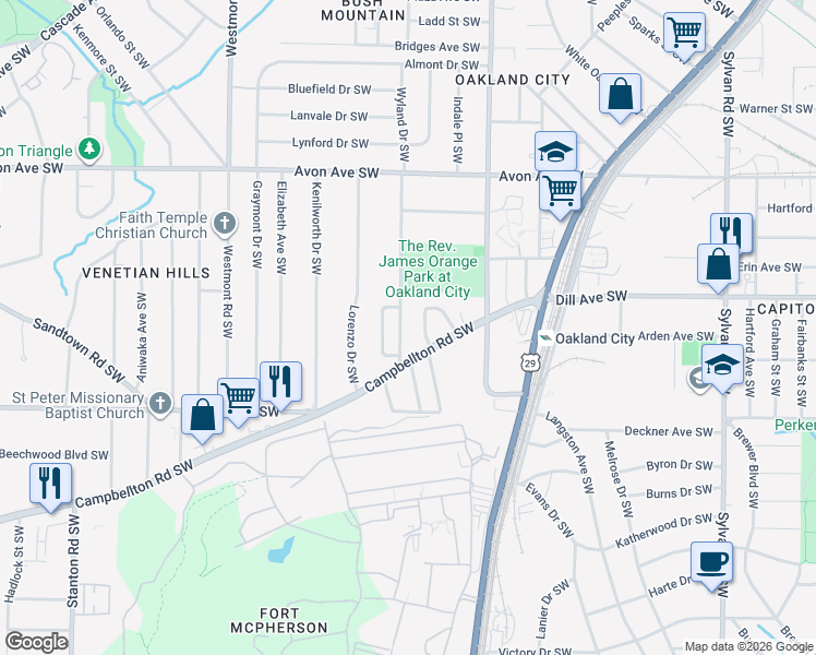 map of restaurants, bars, coffee shops, grocery stores, and more near 1396 Epworth Street Southwest in Atlanta