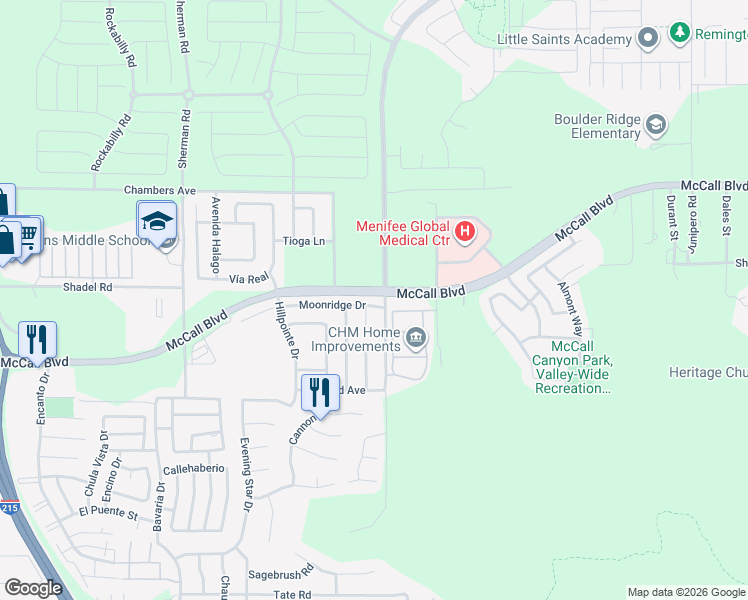 map of restaurants, bars, coffee shops, grocery stores, and more near 27986 Moonridge Drive in Menifee