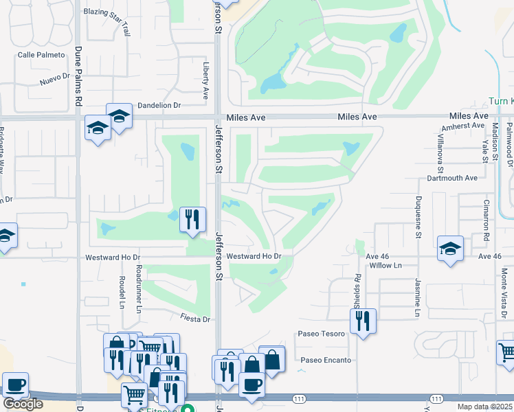 map of restaurants, bars, coffee shops, grocery stores, and more near 45627 Spyglass Hill Street in Indio
