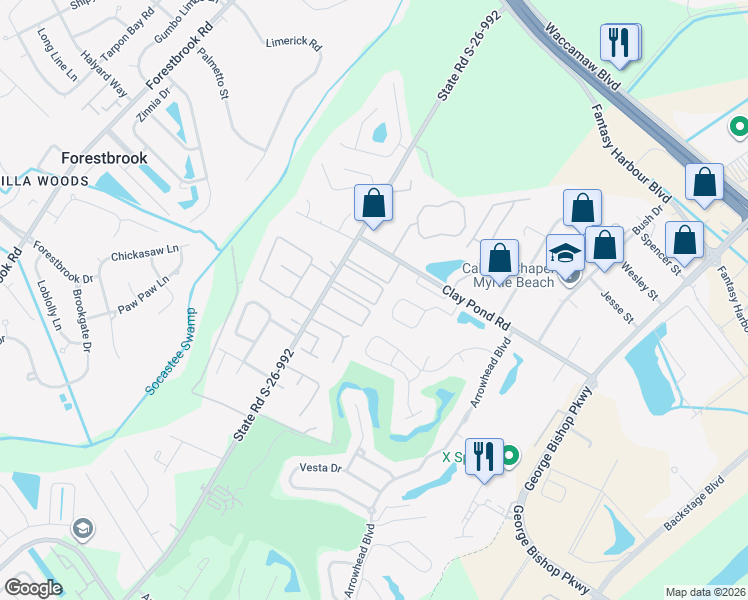 map of restaurants, bars, coffee shops, grocery stores, and more near 755 Burcale Road in Myrtle Beach