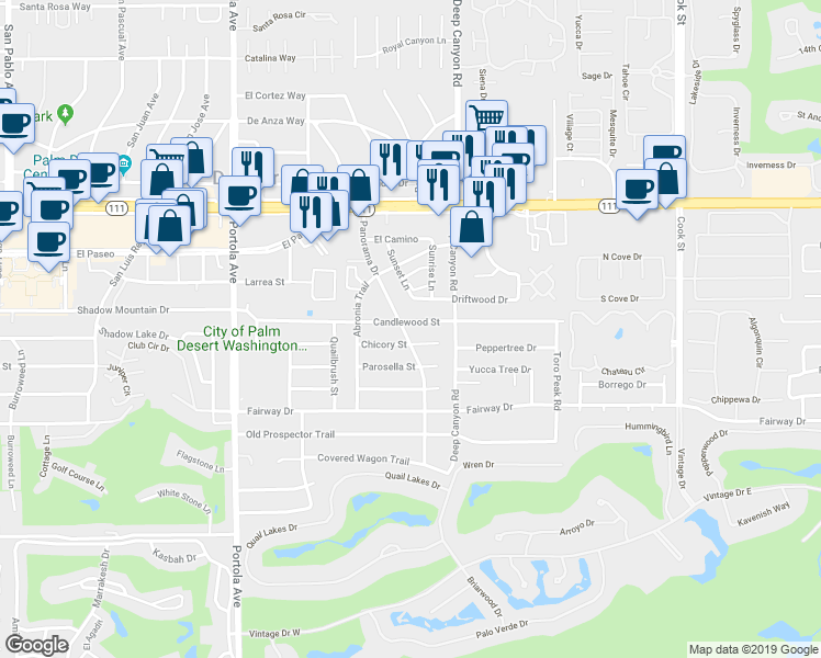 map of restaurants, bars, coffee shops, grocery stores, and more near 45676 Panorama Drive in Palm Desert