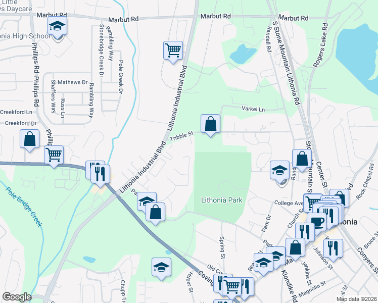 map of restaurants, bars, coffee shops, grocery stores, and more near 2622 Parkway Trail in Lithonia