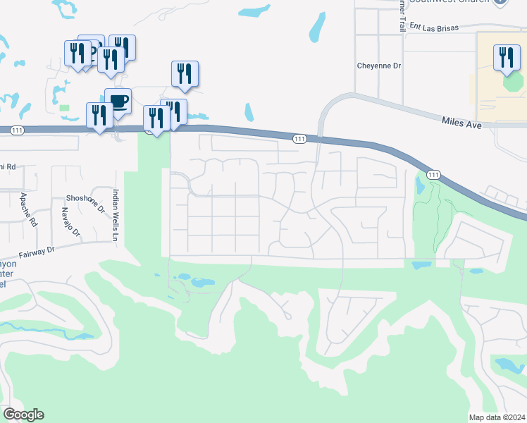 map of restaurants, bars, coffee shops, grocery stores, and more near 45668 Pueblo Road in Indian Wells