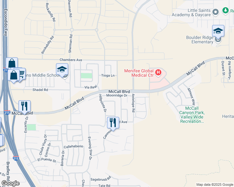 map of restaurants, bars, coffee shops, grocery stores, and more near 27886 Moonridge Drive in Menifee