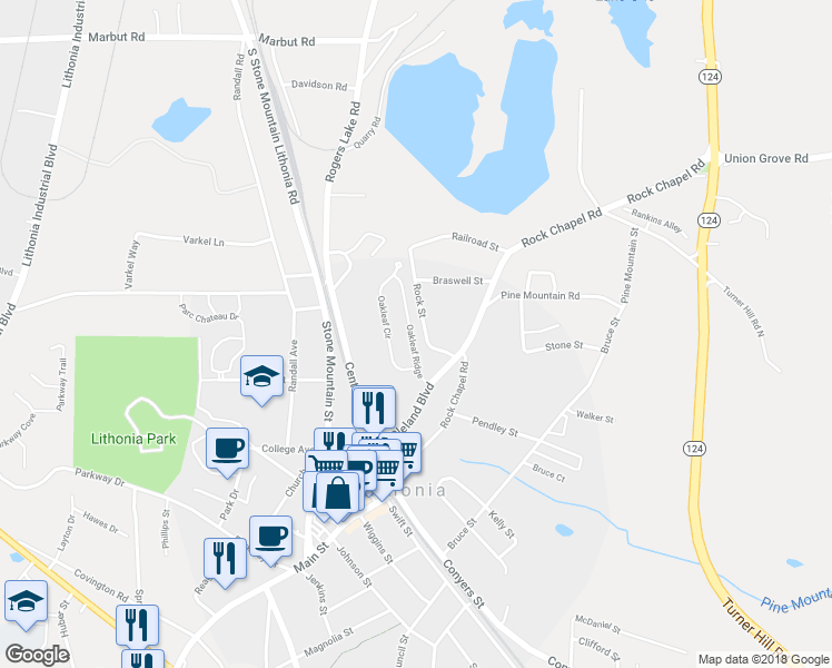 map of restaurants, bars, coffee shops, grocery stores, and more near 2520 Oakleaf Ridge in Lithonia