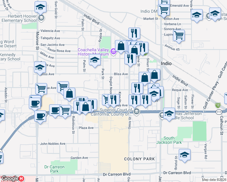 map of restaurants, bars, coffee shops, grocery stores, and more near 45680 Deglet Noor Street in Indio