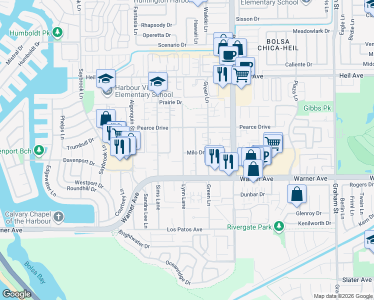 map of restaurants, bars, coffee shops, grocery stores, and more near 16852 Lynn Lane in Huntington Beach