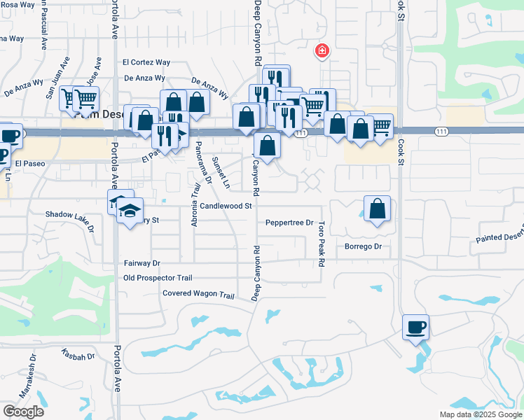 map of restaurants, bars, coffee shops, grocery stores, and more near 74521 Candlewood Street in Palm Desert