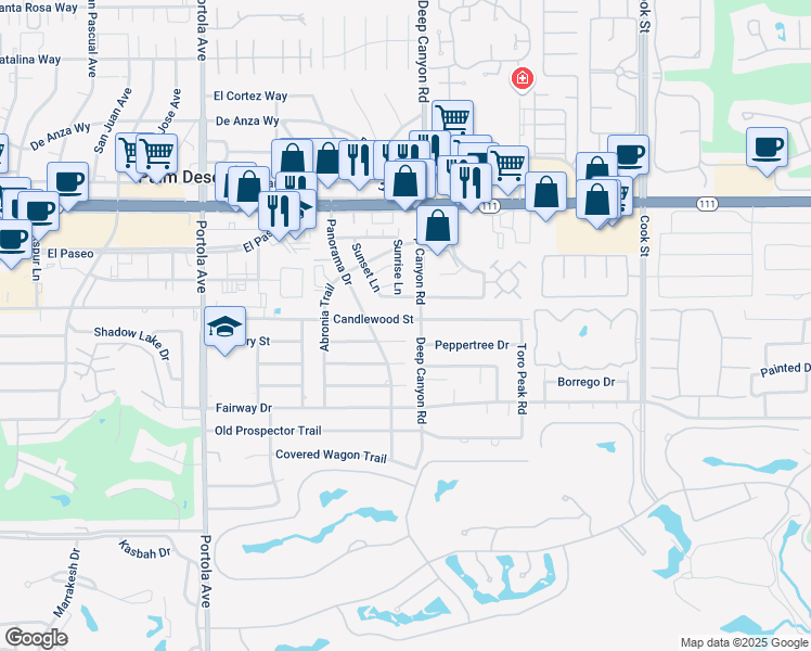 map of restaurants, bars, coffee shops, grocery stores, and more near 74459 Candlewood Street in Palm Desert