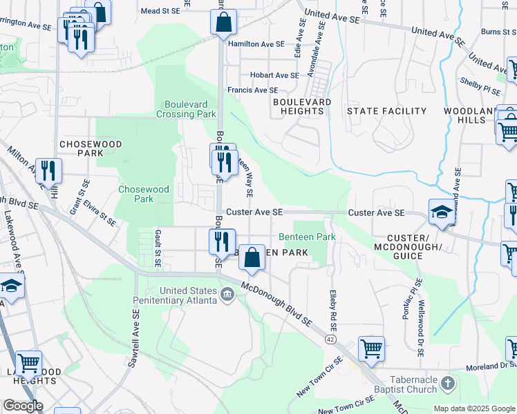 map of restaurants, bars, coffee shops, grocery stores, and more near 668 Custer Avenue Southeast in Atlanta