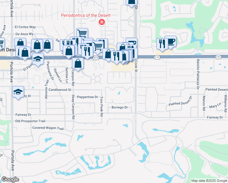 map of restaurants, bars, coffee shops, grocery stores, and more near 74861 Chateau Circle in Indian Wells