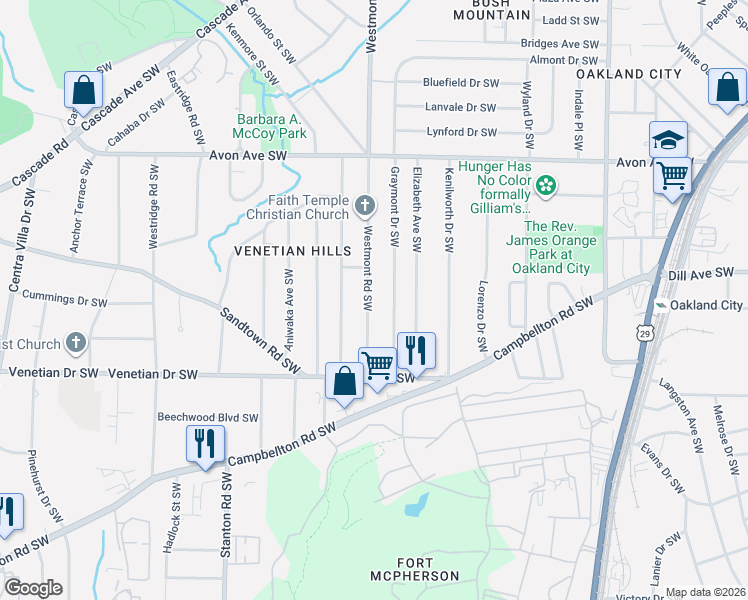 map of restaurants, bars, coffee shops, grocery stores, and more near 1407 Westmont Road Southwest in Atlanta