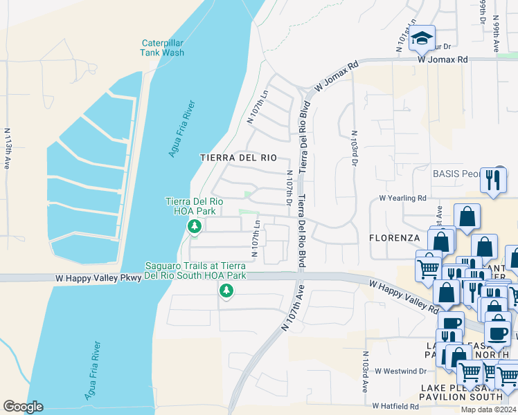 map of restaurants, bars, coffee shops, grocery stores, and more near 10751 West Yearling Road in Peoria