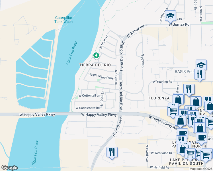 map of restaurants, bars, coffee shops, grocery stores, and more near 10745 West Yearling Road in Peoria