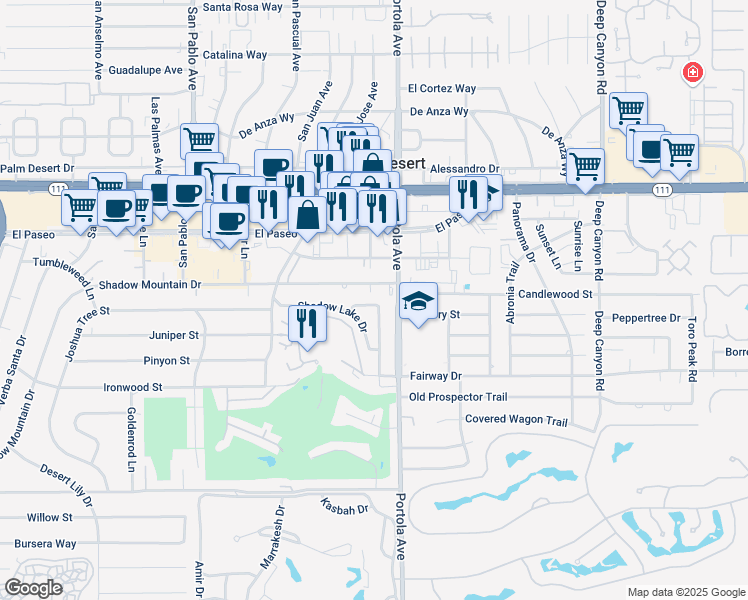 map of restaurants, bars, coffee shops, grocery stores, and more near 73940 Mountain View Avenue in Palm Desert