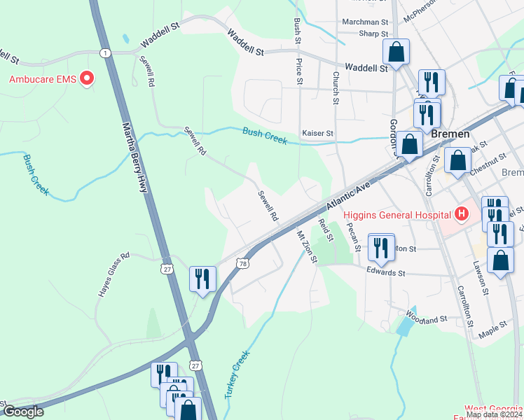 map of restaurants, bars, coffee shops, grocery stores, and more near 102 Sewell Road in Bremen