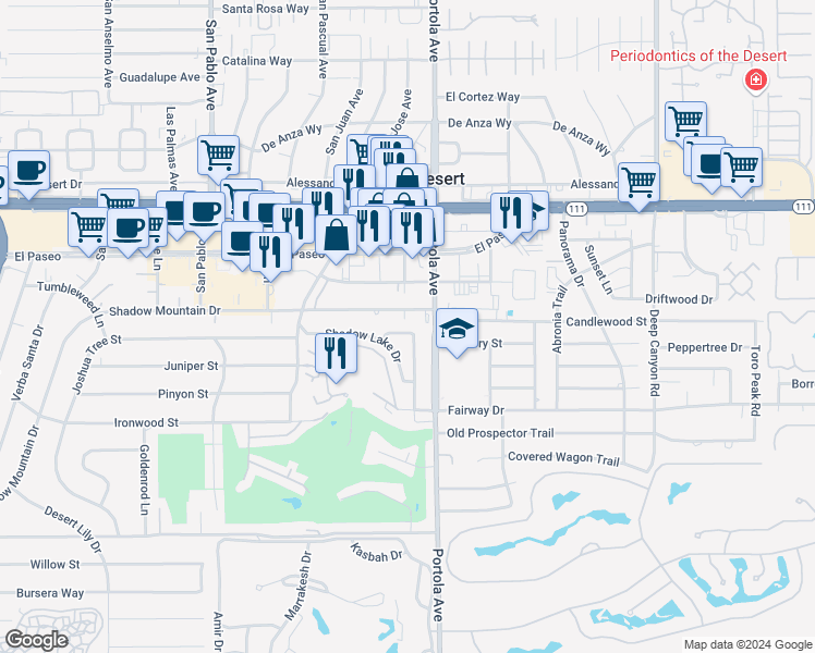 map of restaurants, bars, coffee shops, grocery stores, and more near 73940 Mountain View Avenue in Palm Desert