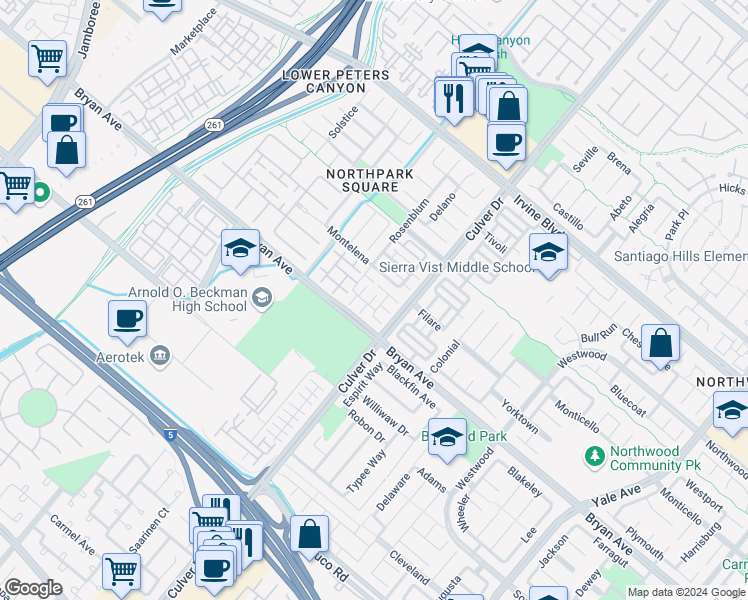 map of restaurants, bars, coffee shops, grocery stores, and more near 32 Bolinas in Irvine