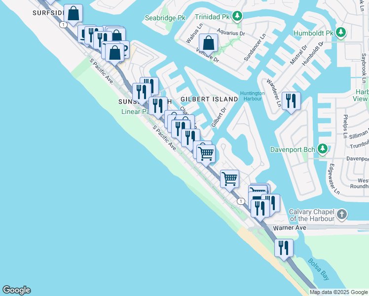 map of restaurants, bars, coffee shops, grocery stores, and more near 16855 12th Street in Huntington Beach