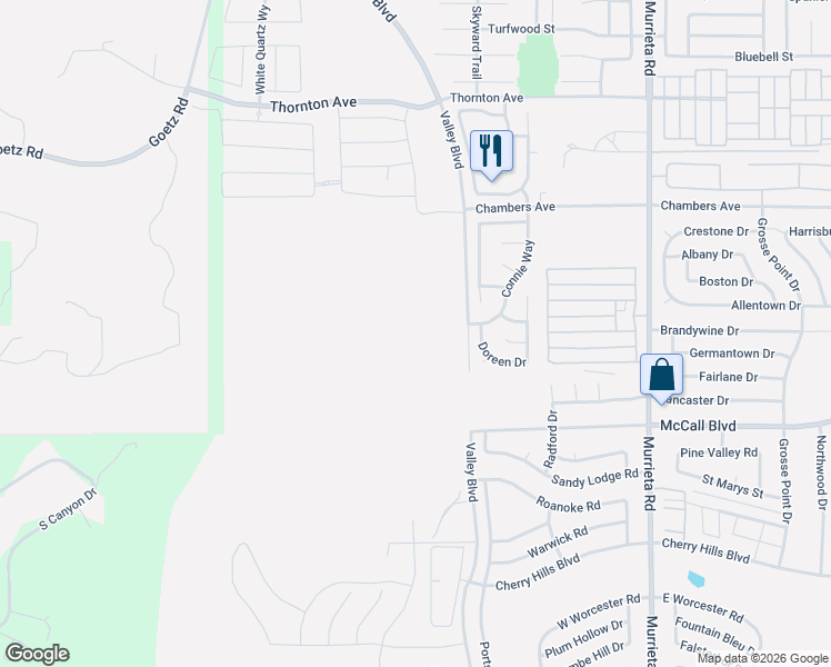 map of restaurants, bars, coffee shops, grocery stores, and more near 27976 Doreen Drive in Menifee