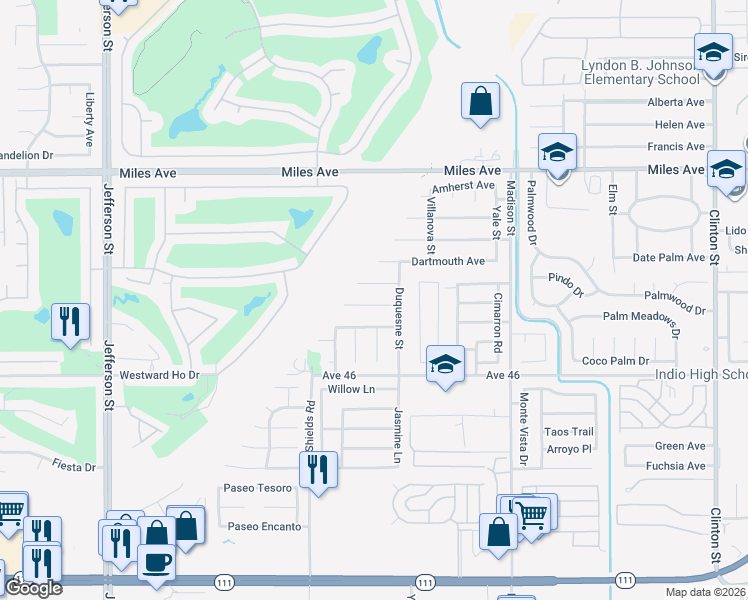 map of restaurants, bars, coffee shops, grocery stores, and more near 80646 Harvard Court in Indio