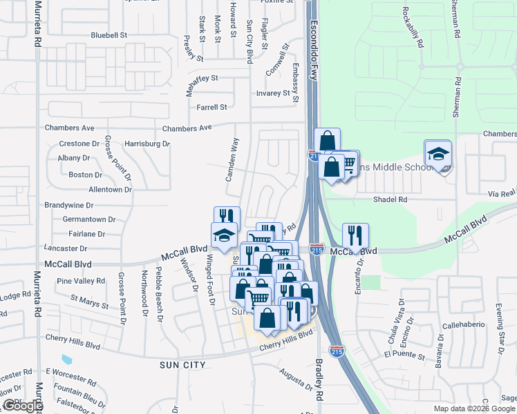 map of restaurants, bars, coffee shops, grocery stores, and more near 27601 Sun City Boulevard in Menifee