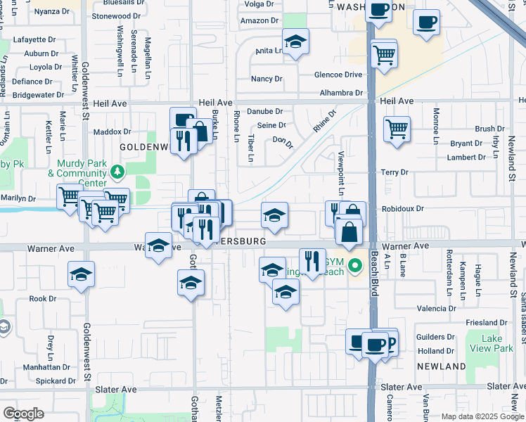 map of restaurants, bars, coffee shops, grocery stores, and more near 13781 Nichols Lane in Huntington Beach