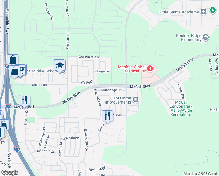 map of restaurants, bars, coffee shops, grocery stores, and more near 27870 Moonridge Drive in Menifee