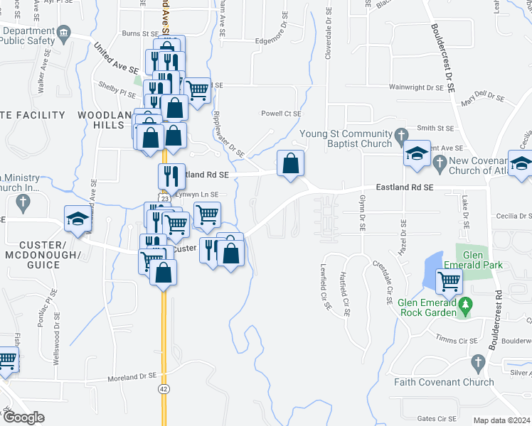 map of restaurants, bars, coffee shops, grocery stores, and more near 1366 Custer Avenue Southeast in Atlanta